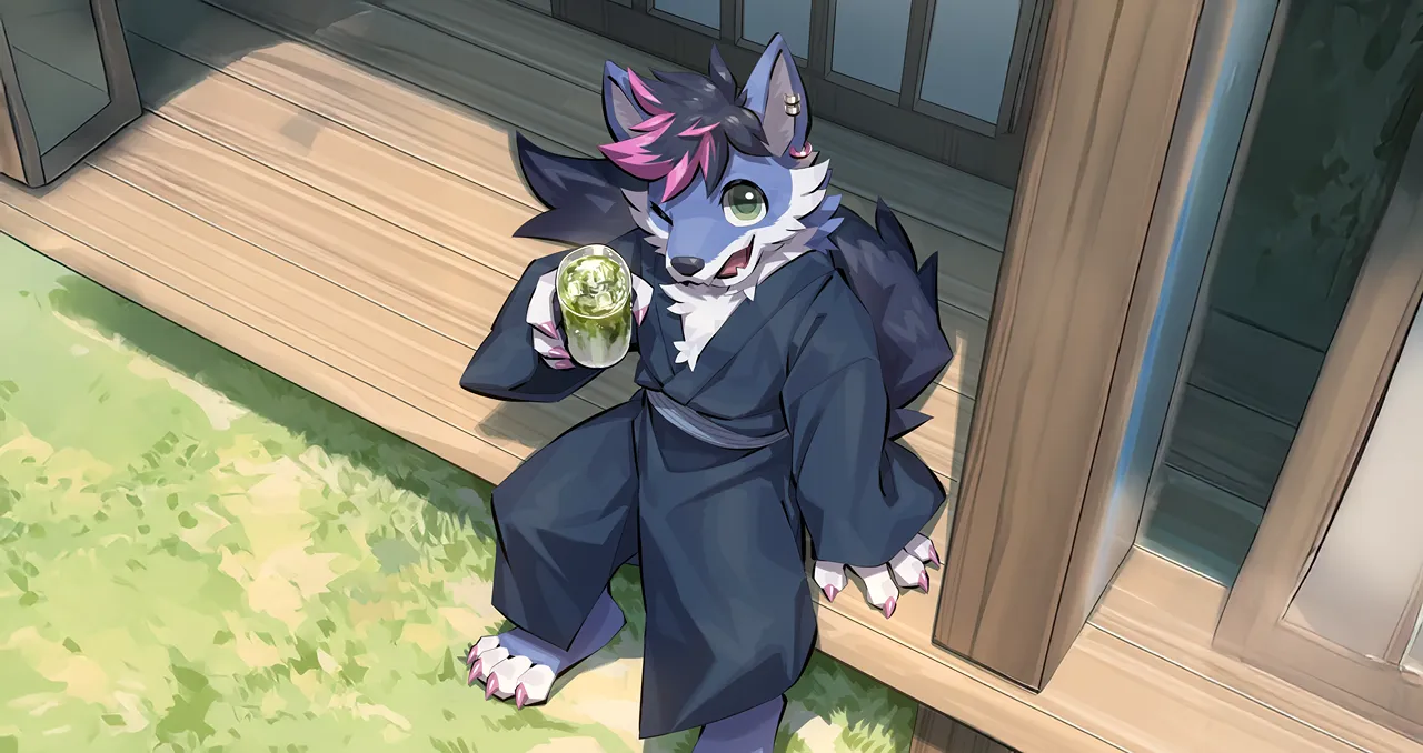 Zane sitting on an engawa with a cup of matcha